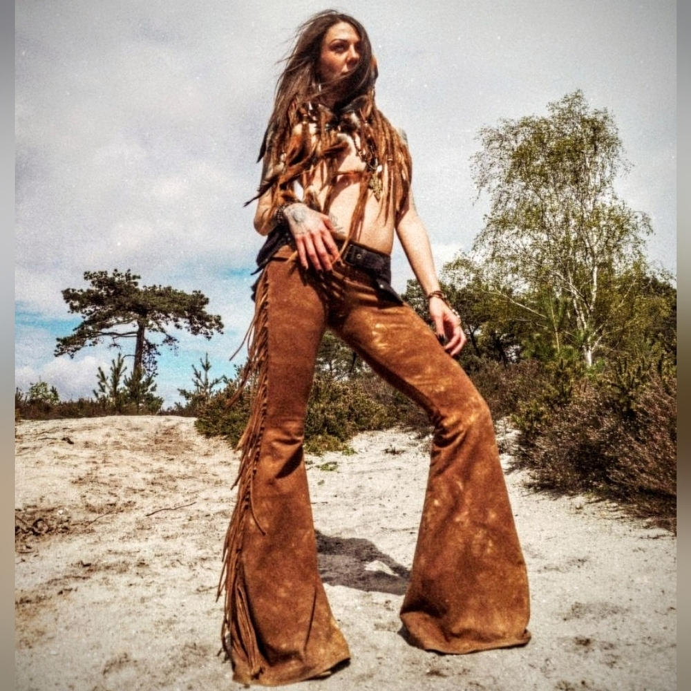 PETITE LENGTH Hip Hugger Fringe Bell Bottoms in GOLDEN BROWN TIE DYE XS S M L XL